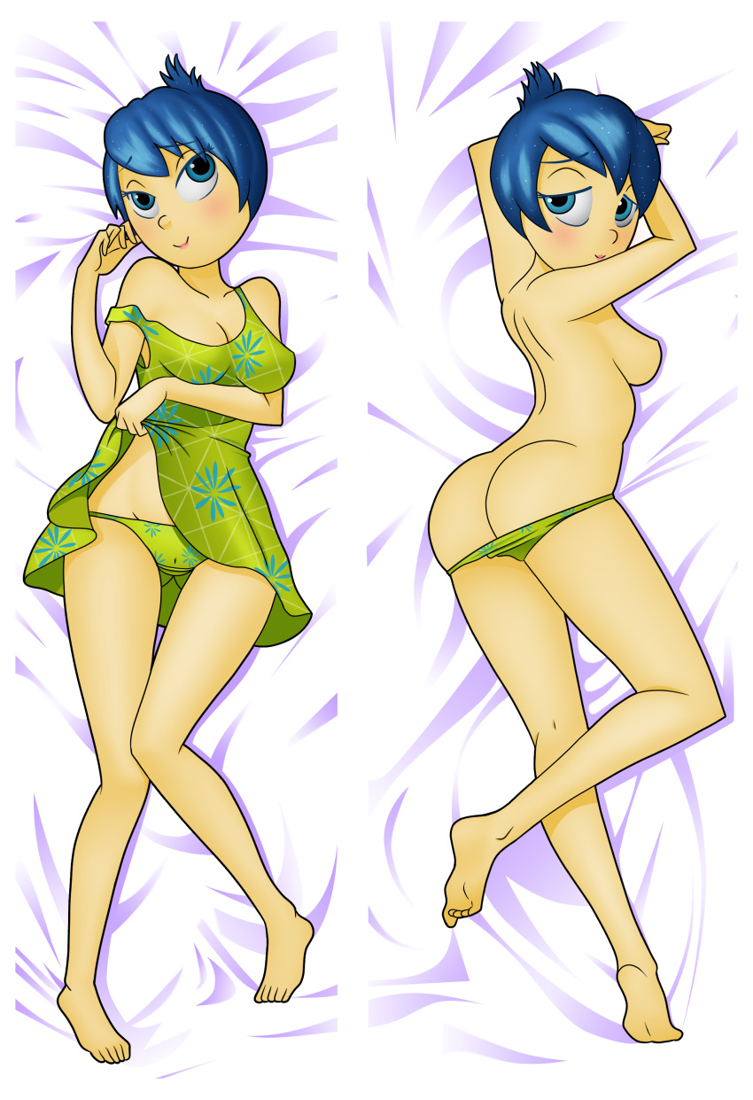 ass back bed_sheet blue_eyes blue_hair blush breasts chacrawarrior dakimakura disney dress feet female female_only green_dress green_panties green_underwear inside_out joy_(inside_out) laying_on_bed legs lifting_dress nipples pixar sensual smile smiling