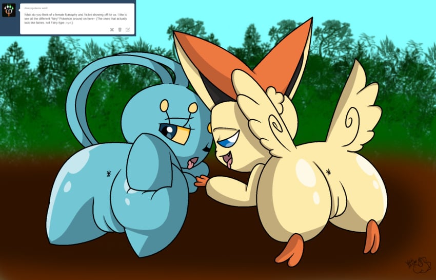 2girls anus ask_blog ass ass_grab big_ears black_nose blue_eyes blue_sclera blue_skin butt_wings duo fangs feet female female_only feral fur furry hand_on_ass legendary_pokémon looking_back lying mammal manaphy nintendo nude open_mouth orange_fur paws pokémon_(species) pokemon pokemon_bw pokemon_dppt presenting presenting_hindquarters pussy smile source_request take_your_pick teeth thick_thighs tongue tongue_out tumblr victini video_games wide_hips wings yellow_sclera yoshimister