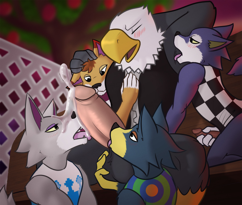 accipitrid accipitriform animal_crossing anthro apollo_(animal_crossing) armpit_fetish armpit_lick avian bald_eagle ball_fondling balls beak bird blush bottomless canid canine canis chief_(animal_crossing) clothed clothing cock_worship collaborative_fellatio cum cum_on_face cum_on_penis cumshot eagle ejaculation erection fang_(animal_crossing) fellatio fondling group group_sex harem hi_res humanoid_penis interspecies invalid_tag licking lobo_(animal_crossing) male mammal nintendo oral orgasm orgy penile penis penis_lick savoon sea_eagle sex tongue tongue_out video_games wolf wolfgang_(animal_crossing) yaoi