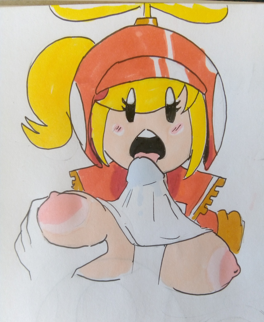 1girls blonde_hair blush breasts breasts_out drawn fellatio female helmet licking_penis looking_at_viewer mario_(series) meow_fuck new_super_mario_bros._wii nintendo nipples open_mouth oral original_character penis ponytail power_up power_up_girl propeller propeller_mushroom rule_63 tongue tongue_out