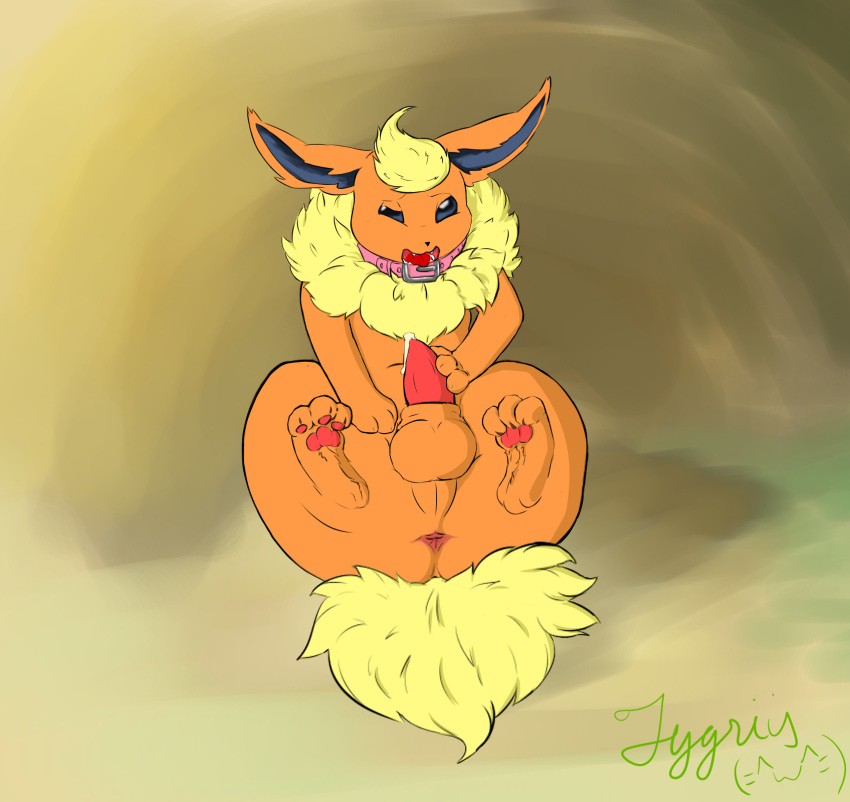 1boy anus ass big_ass big_ears blue_eyes chubby collar cum eeveelution feet feral flareon fur furry hi_res large_ass long_ears male male_only masturbation nintendo no_nipples nude orange_fur paws penile_masturbation penis pink_collar pokémon_(species) pokemon pokemon_(species) pokemon_rgby precum sheath sitting solo tail tapering_penis text thick_thighs tygriis video_games watermark wide_hips wince yellow_fur