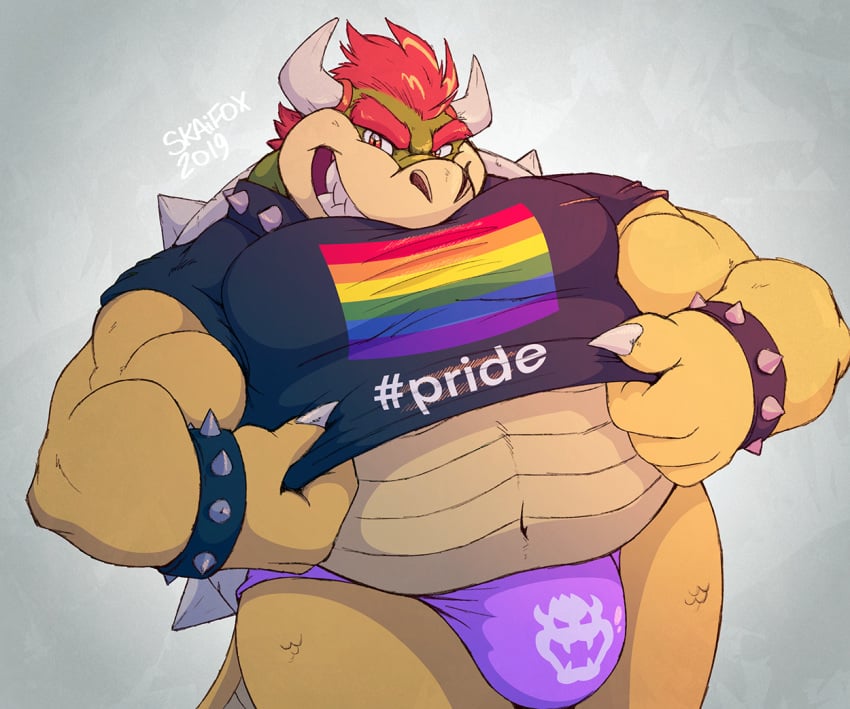 anthro belly bowser bracelet bulge clothing collar front_view hair horn jewelry koopa looking_at_viewer male male_only mario_(series) midriff navel nintendo pride_(disambiguation) red_eyes red_hair reptile scalie sharp_teeth shirt skaifox slightly_chubby smile solo spiked_bracelet spiked_collar spikes teeth thong topwear video_games what