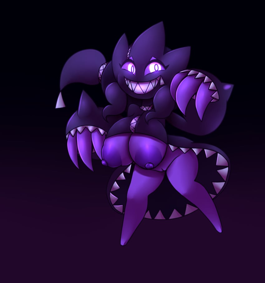 1girls 3_fingers absurd_res anthro anthrofied banette big_hands bottomless breasts chubby claws clothed feet female female_only ghost glowing glowing_eyes grin hi_res humanoid large_breasts mega_banette metachoke nintendo nipples pink_eyes pokémon_(species) pokemon pokemon_oras pokemon_rse purple_background purple_eyes purple_sclera purple_skin pussy smile solo source_request teeth thick_thighs video_games wide_hips zipper