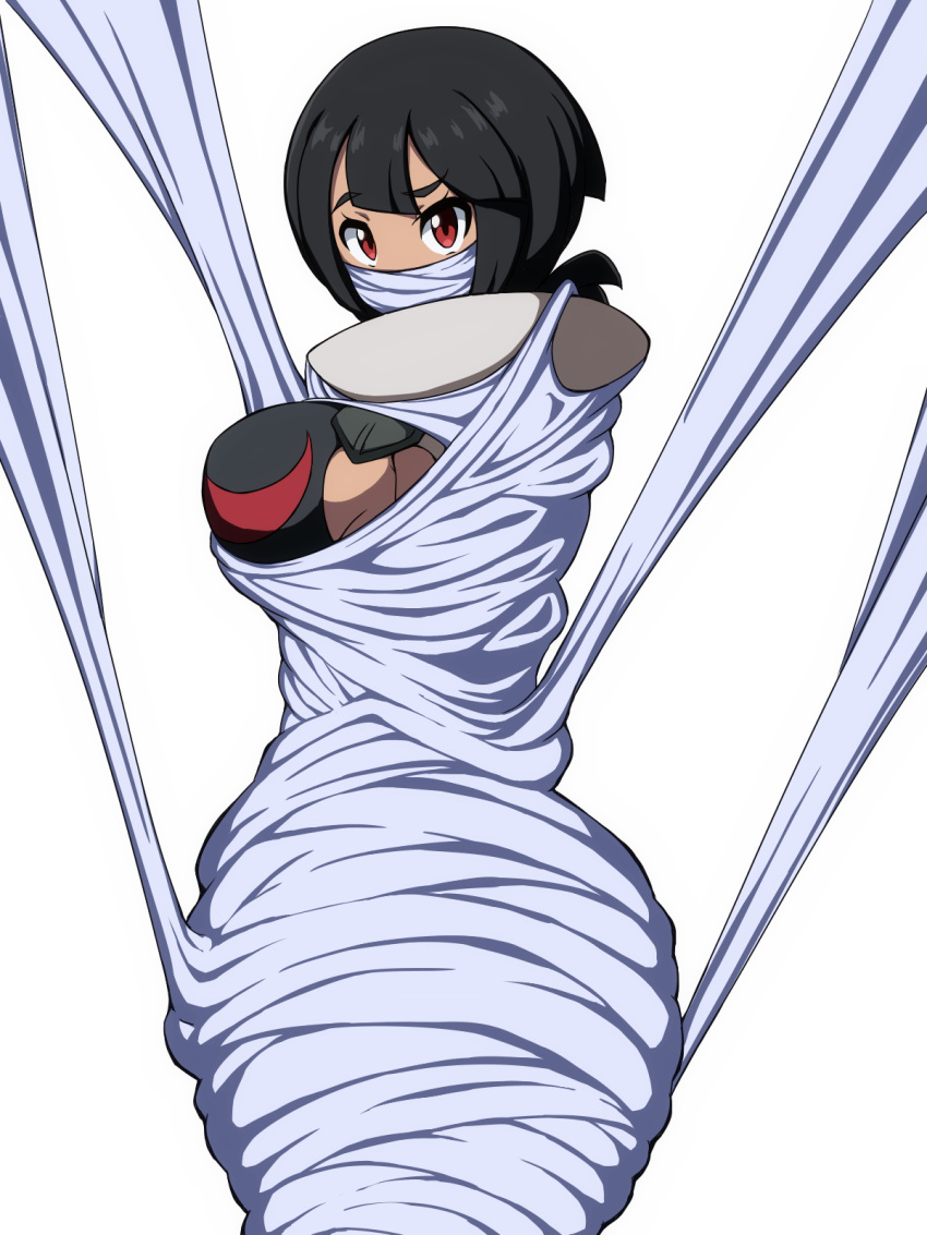 1girls black_hair bondage bound breasts cocoon cocooned gag gagged looking_at_viewer mummification nintendo okra_sticky pokemon pokemon_oras restrained short_hair spider_web tied_up web web_bondage web_gag webbing white_background zinnia_(pokemon)