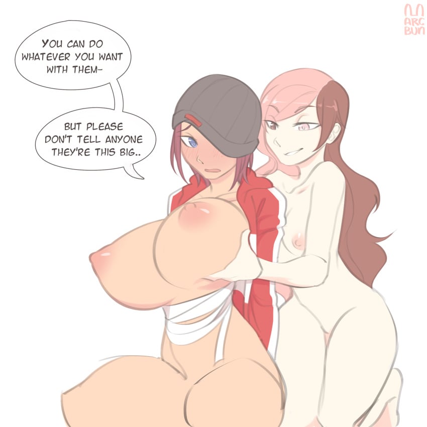 2girls arcbun beanie blue_eyes blush breast_grab breast_grope breast_lift breast_size_difference breasts brown_hair chest_wraps clothing eyebrows_visible_through_hair female flustered groping hat hat_over_one_eye heterochromia huge_breasts human may_zedong multicolored_hair multiple_girls neo_(rwby) nude perky_breasts pink_hair puffy_nipples red_hair rwby sarashi sitting smug speech_bubble text two_tone_hair wardrobe_malfunction wraps yuri