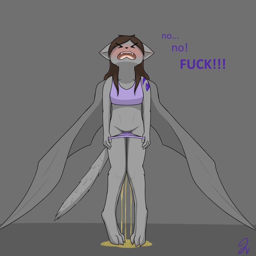 1:1 2019 absurd_res anthro blush clothing demon domestic_cat english_text felid feline felis female frmcast351 fur hair hi_res lucy_(ἡμέρα) mammal omorashi open_mouth peeing simple_background solo text urine watersports wetting wings