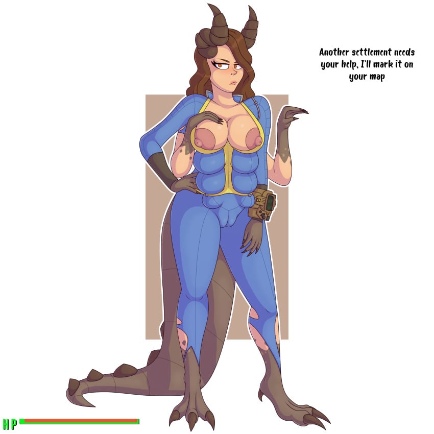 1:1 1girls 2019 3_toes 4_arms 8_breasts absurd_res alpha_channel animal_humanoid annoyed areolae bethesda_softworks big_breasts big_tail bodysuit breasts brown_background brown_hair camel_toe cameltoe claws clothing deathclaw f.e.v fallout feet female hair hair_over_one_eye half-closed_eyes hand_on_breast hi_res horn horns hud humanoid jumpsuit long_hair multi_arm multi_breast multi_limb nipples nora_(fallout_4) orange_eyes original_character pip-boy scalie simple_background solo tail text tight_clothing torn_clothing transformation unidentified-tf uniform unseen_character vault_suit video_games white_border