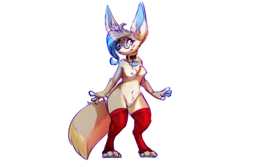 2016 anthro blush breasts canid canine clothing collar digitigrade eyewear female fennec fox glasses hair legwear mammal maxine navel nipples pussy simple_background smile solo standing stockings watsup white_background