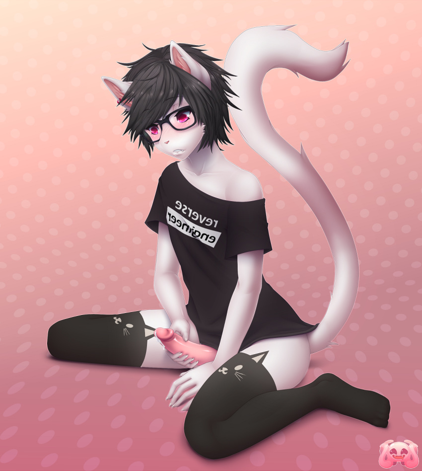 anthro clothed clothing crossdressing erection eyewear felid feline girly glasses hi_res humanoid_penis legwear male mammal masturbation meowdolls penis solo thigh_highs