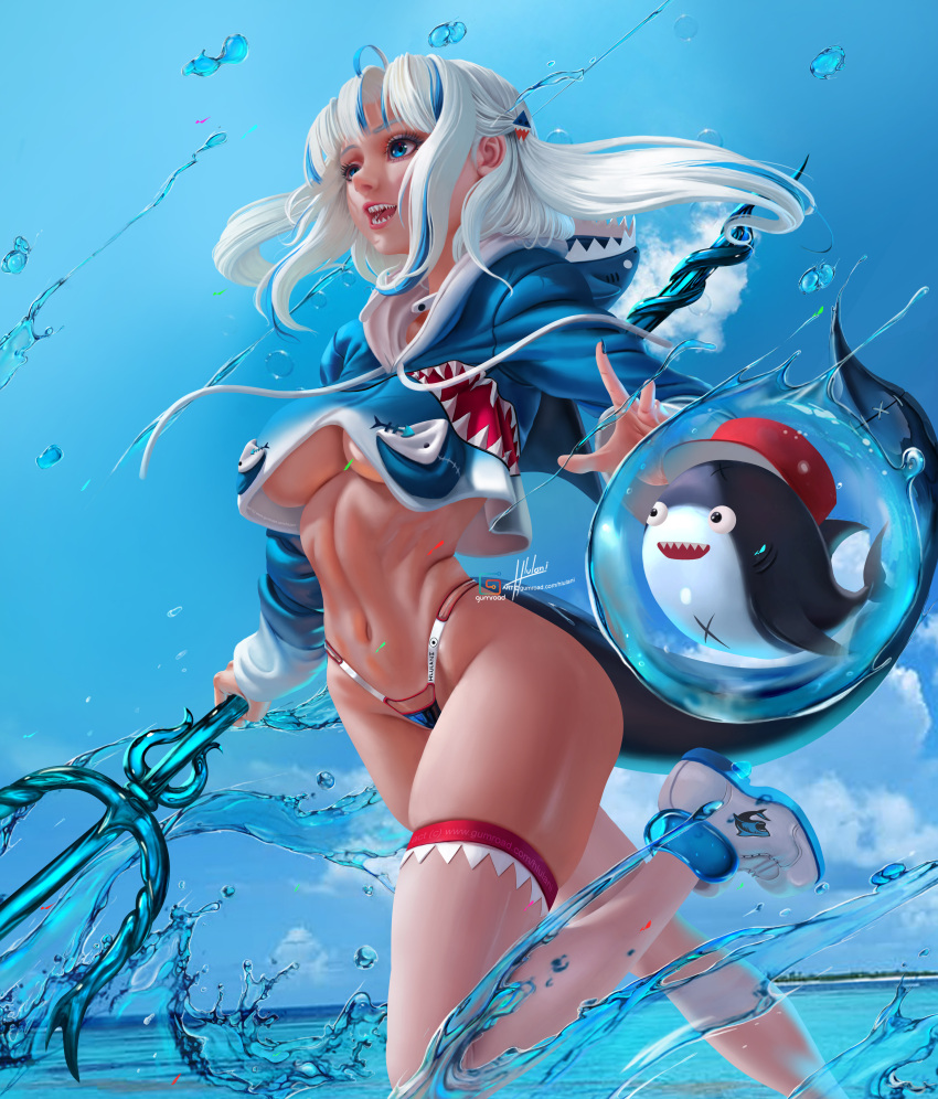 aged_up alternate_breast_size beach belly bloop_(gawr_gura) blue_eyes blue_hair breasts bubble clothing cropped_hoodie curvy digital_media_(artwork) female female_only gawr_gura hi_res highleg_panties hlulani holding_object hololive hololive_english hololive_myth hoodie long_hair long_sleeves medium_breasts navel ocean open_mouth open_smile outdoors outside panties shark sharp_teeth shoes standing stockings teeth thick_thighs thighs trident two_tone_hair underboob virtual_youtuber water weapon white_hair