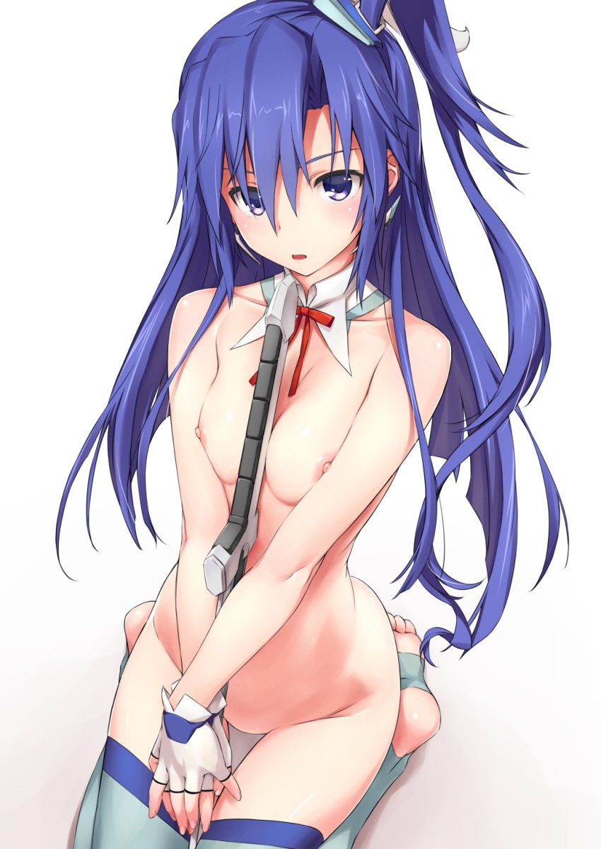 blue_eyes blue_hair blue_legwear blush breasts collarbone female fingerless_gloves gloves groin highres kazanari_tsubasa long_hair looking_at_viewer medium_breasts monochrome_background neckerchief nipples no_bra no_panties nude open_mouth senki_zesshou_symphogear shiny shiny_hair shiny_skin simple_background solo sword tamahiyo thighhighs weapon white_background white_gloves