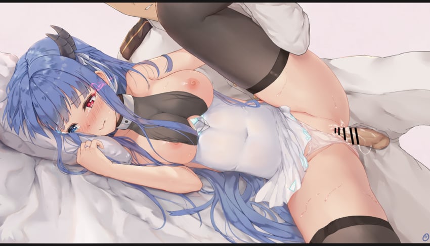 1boy azur_lane bangs bar_censor bare_shoulders black_legwear blue_eyes blush breasts censored clenched_teeth commander_(azur_lane) covered_navel envyvanity eyebrows_visible_through_hair female glowing glowing_eyes heterochromia horns ibuki_(azur_lane) jewelry large_breasts leg_up long_hair looking_away lying nipples nose_blush on_bed on_side panties panties_aside parted_lips penis pillow pussy red_eyes ring sex sidelocks signature solo_focus straight sweat tears teeth thighhighs underwear vaginal_penetration very_long_hair wedding_ring white_panties