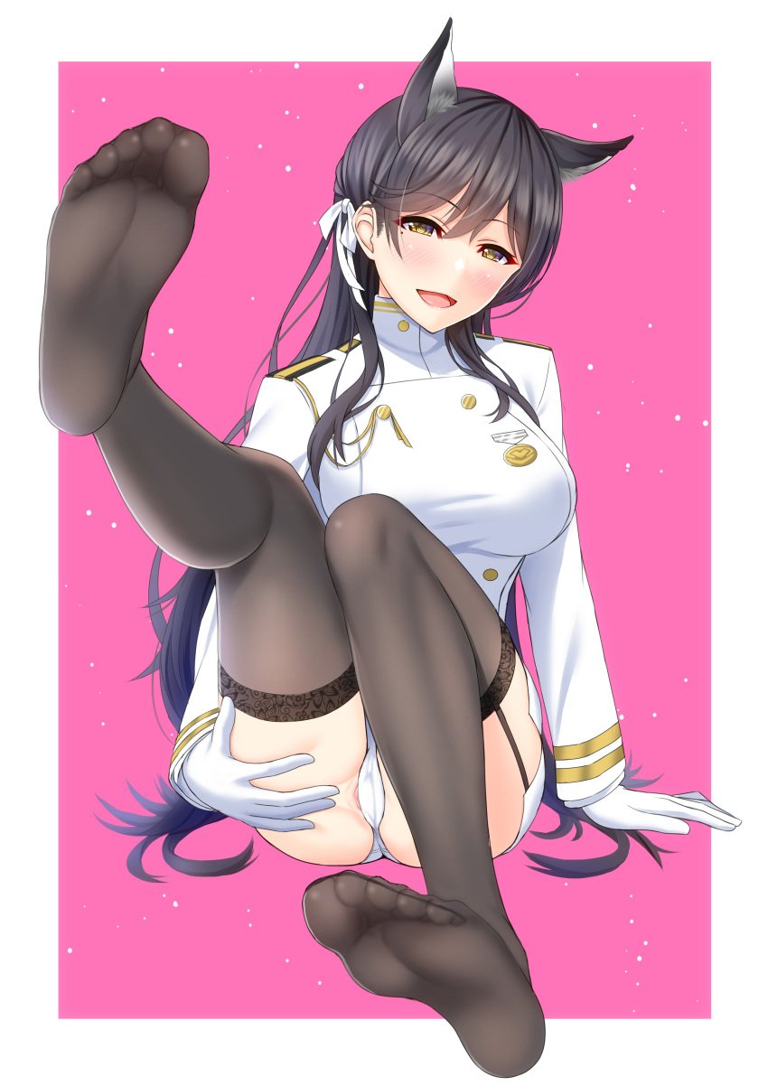 animal_ears atago_(azur_lane) azur_lane clothed clothing feet gloves long_hair military military_uniform panties pantsu pussy pussy_peek shirouzu_myuuta thick_thighs thighhighs uniform