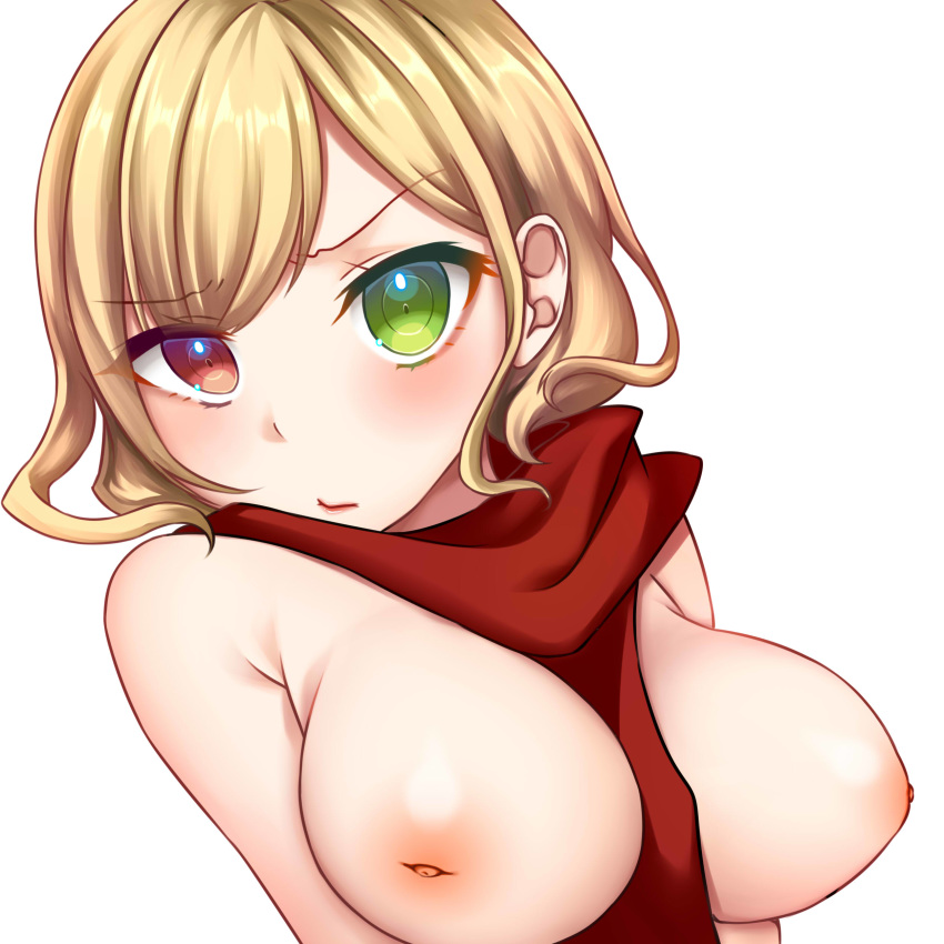 1girls blonde_hair charlotte_(shironeko_project) female female_only green_eyes heterochromia inverted_nipples large_breasts raised_eyebrow red_eyes scarf shironeko_project solo source_request top_half uissu white_background