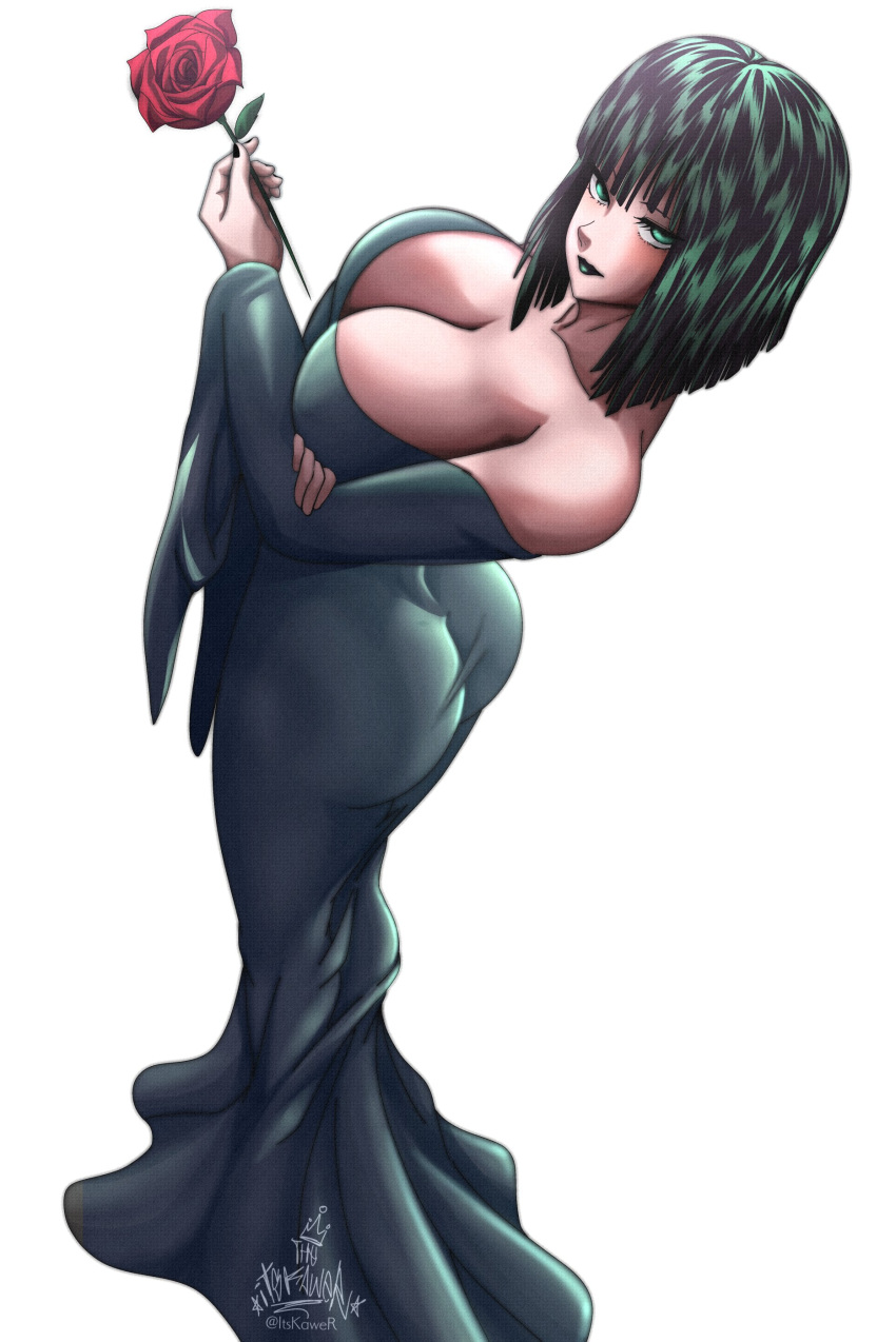 1girls absurd_res artist_name ass bangs bare_shoulders big_ass big_breasts black_lipstick black_nails breasts cleavage clothing collarbone cosplay curvy dress eyelashes female female_focus female_only flower fubuki_(one-punch_man) green_eyes green_hair human kaw3r large_ass large_breasts lips lipstick long_sleeves looking_at_viewer looking_to_the_side makeup medium_hair morticia_addams morticia_addams_(cosplay) nail_polish off_shoulder one-punch_man pinup rose seductive signature solo solo_female the_addams_family tight_clothing voluptuous white_background