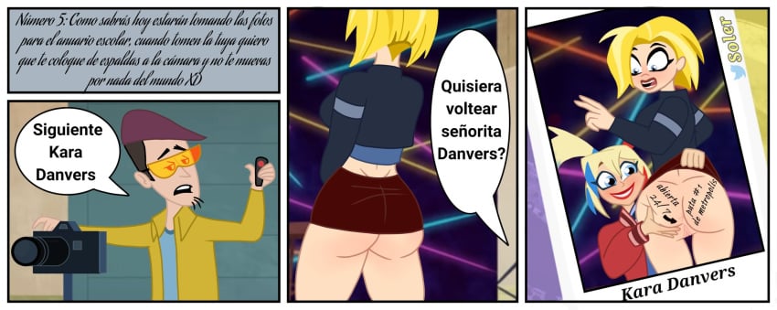 ass assisted_exposure big_ass blush body_writing comic dc dc_comics dc_super_hero_girls dr._harleen_quinzel harleen_quinzel humiliation kara_danvers kara_zor-el prank pussy soler spanish_text translated writing_on_ass writing_on_body