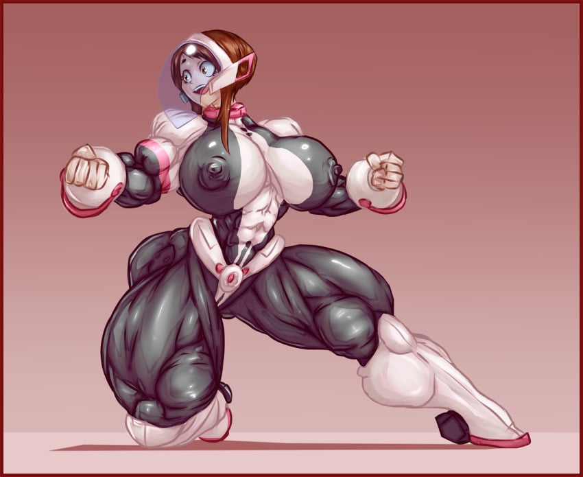 1girls abs alternate_breast_size b9tribeca bodysuit breasts brown_eyes brown_hair cameltoe clothed extreme_muscles female female_only helmet huge_ass huge_breasts human hyper_muscles kneeling muscular muscular_female my_hero_academia nipples_visible_through_clothing ochako_uraraka pink_background pose red_border source_request spread_legs thick_thighs wide_hips