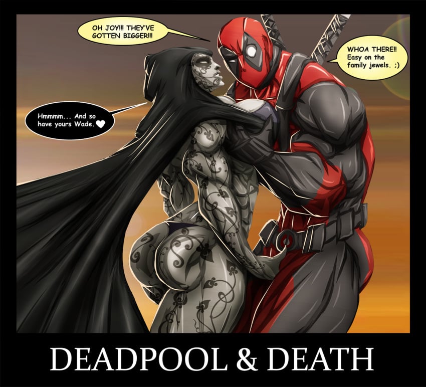 1boy 1girls 1male ass b9tribeca biceps big_biceps big_breasts big_forearms big_muscles big_quads bodysuit bulge bulge_grab crotch_grab deadpool death_(marvel_comics) extreme_muscles female forearms huge_muscles male marvel marvel_comics muscle muscles muscular muscular_butt muscular_female muscular_legs muscular_male muscular_thighs quads tight_bodysuit tight_clothing wade_wilson