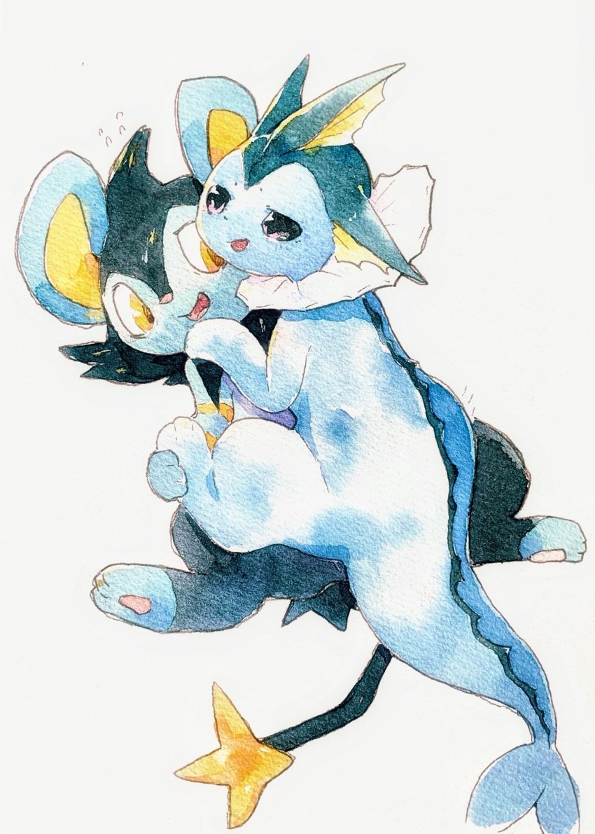 2019 ambiguous_gender ass back big_ears big_eyes black_fur blue_fur canine duo eeveelution feet feral feral_on_feral flustered furry half-closed_eyes hi_res luxio lying mammal nintendo nude on_back on_front painting_(artwork) paws pokémon_(species) pokemon pokemon_(species) pokemon_dppt pokemon_rgby purple_eyes seductive sketch sweat sweatdrop tail traditional_media_(artwork) trem_trrn vaporeon video_games watercolor_(artwork) white_background yellow_eyes yellow_fur