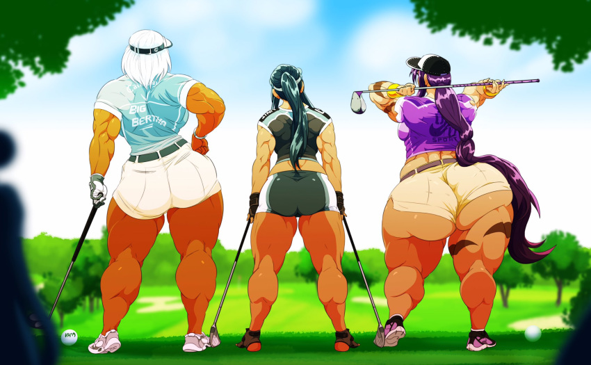 3girls alana_delvillar back black_hair body_markings bomango borrowed_character cap dark-skinned_female dark_skin from_behind gloves gogo_bomango golf_club hand_on_hip hat huge_ass hyper_thighs long_hair muscular_female original ponytail purple_hair runo_(smartuju) shirt shoes short_hair short_shorts skin_tight smartuju vanheist very_long_hair visor_cap white_hair