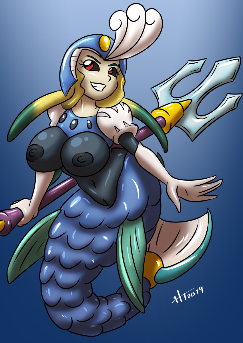 2019 arm_gloves black_sclera bodysuit commission cosplay crossover female female_only gloves happy headgear helmet hitori09 league_of_legends long_gloves marai mega_man mega_man(classic) mermaid monster_girl nami_(league_of_legends) nipples red_eyes see-through_shirt smile splash_woman transparent_clothing trident weapon