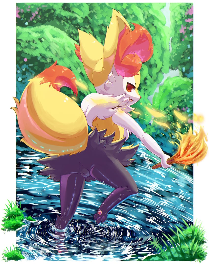 1girls 2019 absurd_res anthro ass big_ears black_fur braixen canid canine detailed_background ear_tuft female female_only fire flat_chest fox fur furry hi_res inner_ear_fluff looking_back mammal multicolored_fur nintendo nude pawpads plattyneko pokémon_(species) pokemon pokemon_(species) pokemon_xy pussy rear_view red_eyes red_fur solo standing stick tail tuft video_games water wet white_border white_fur yellow_fur