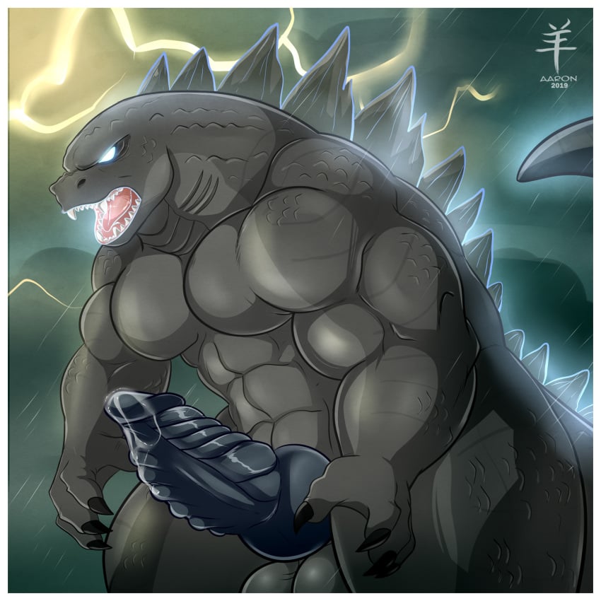 aaron_(artist) abs anthro balls erection godzilla godzilla_(series) macro male_only monsterverse muscles muscular nude pecs penis precum scalie