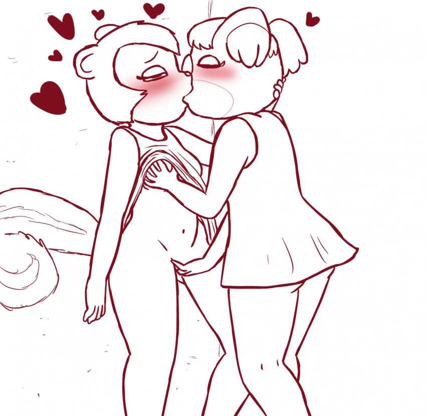 alipixel animal_crossing blush bottomless clothed clothing female fingering grope heart hi_res kissing koala mammal marsupial nintendo pecan_(animal_crossing) rodent sciurid shirt topwear video_games vombatiform yuka_(animal_crossing) yuri