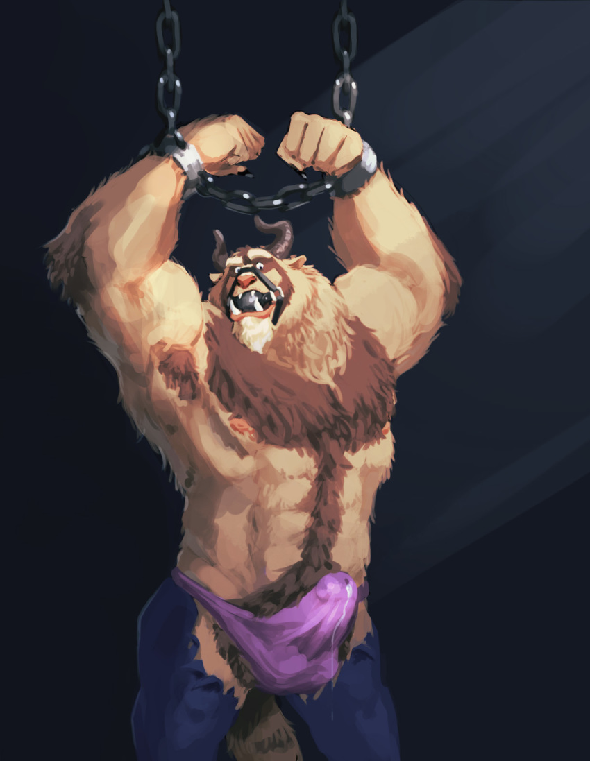 1boy 2019 anthro armpit_hair ball_gag beast_(disney) beauty_and_the_beast biceps body_hair bound chains chest_hair clothed clothing disney facial_hair gag goatee harness_gag hi_res horn male male_only mammal monster muscular muscular_male nipples pants pecs precum precum_through_clothing pubes qwerty-0 restrained solo submissive_male tenting topless torn_clothing wet wet_clothing