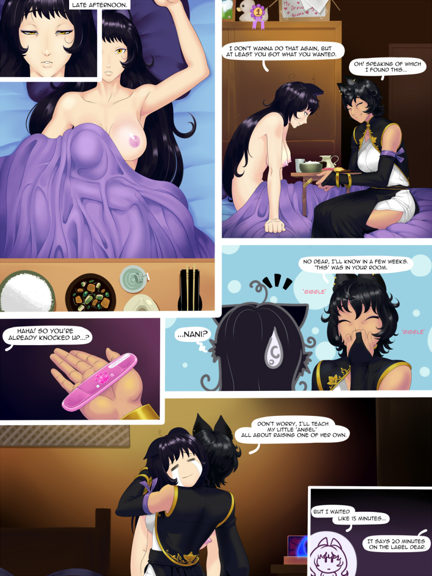 after_sex blake_belladonna cat_ears clothing comic faunus female grillo hug inbreeding kali_belladonna morning_after mother_and_daughter motherly mutual_impregnation pregnancy_reveal pregnancy_test rwby waking_up