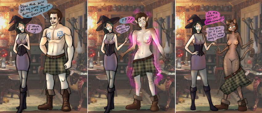 2018 anthro beingobscene bottomwear breast_growth breasts brown_hair clothed clothing dialogue duo felid feline female footwear gender_transformation hair hat headgear headwear hi_res human human_to_anthro inside kilt magic_user male mammal mtf_transformation navel nipples photo_background pussy sequence shoes short_hair skirt smile species_transformation surprise tail tail_growth tharkis topless transformation witch witch_hat