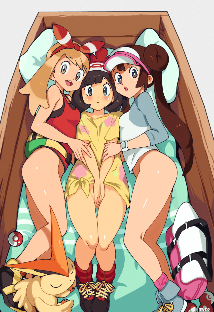 3girls age_difference ass bag black_hair blanket blue_eyes blush bottomless box breasts brown_hair cap clothed clothing conscious covering covering_crotch crate eyebrows eyebrows_visible_through_hair eyelashes eyes female female_only girl_in_a_box hair hair_bun hair_ornament hair_ribbon highres human human_only larger_female looking_at_viewer lying lying_down may_(pokemon) may_(pokemon_oras) mostly_clothed multiple_girls nintendo on_back open_mouth optionaltypo pillow pokémon_(species) poke_ball pokemon pokemon_bw pokemon_oras pokemon_sm rosa_(pokemon) selene_(pokemon) shoes size_difference sleeping small_breasts source_request teeth victini wide_hips