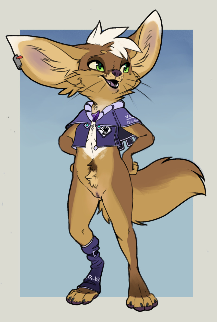 2019 anthro barefoot big_ears bottomless breasts brown_fur canid canine clothed clothing female fennec fox fur green_eyes hair hi_res legwear mammal open_mouth paws pubes pussy reign-2004 simple_background smile socks solo standing teeth toeless_socks toes tongue vest whiskers white_hair