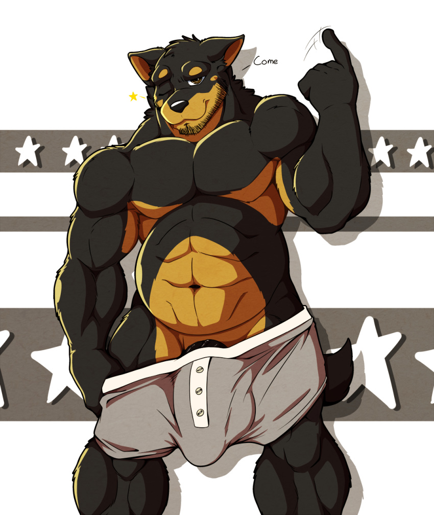 2019 5_fingers abs anthro beard beauceron biceps black_nose black_penis black_skin brown_eyes brown_skin bulge canid canine canis daddy-o doggieo domestic_dog english_text facial_hair furry herding_dog inviting looking_at_viewer male male_only mammal multicolored_skin muscular muscular_male muscular_thighs one_eye_closed pastoral_dog pecs penis penis_shaped_bulge simple_background smile solo solo_male standing text topless two_tone_skin underwear undressing