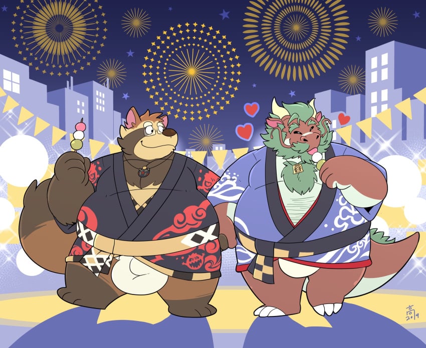 2019 anthro balls belly brown_fur canid canine closed_eyes clothing dragon duo fur hand_holding heart male mammal night overweight overweight_male raccoon_dog red_scales robe scales takataka tanuki yaoi