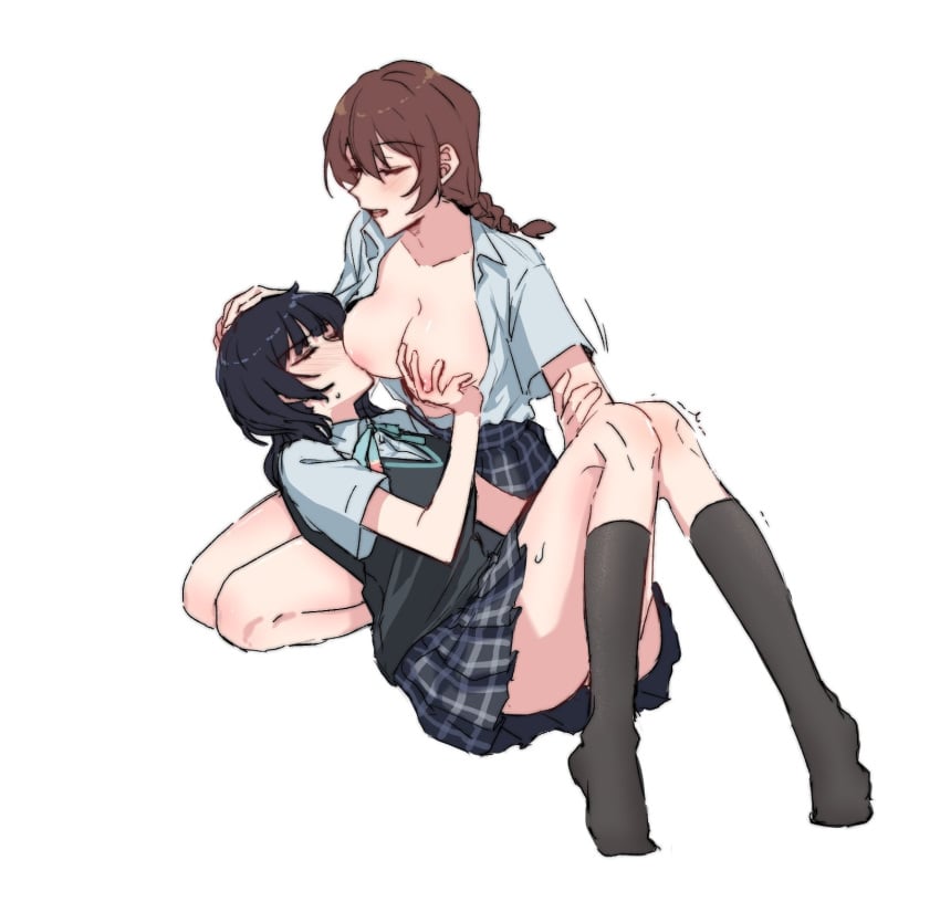 2girls asaka_karin blue_hair blush braid breast_feeding breast_grab breast_sucking breasts breasts_out closed_eyes clothing commentary danji_bang emma_verde fingering fingering_partner fingering_while_nursing grabbing highres kneeling large_breasts love_live! love_live!_nijigasaki_high_school_idol_club medium_hair multiple_girls nijigasaki_academy_uniform nipples no_panties no_shoes nursing nursing_fingering open_clothes open_mouth open_shirt petting red_hair short_hair simple_background skirt socks sweat twin_braids upper_teeth white_background yuri