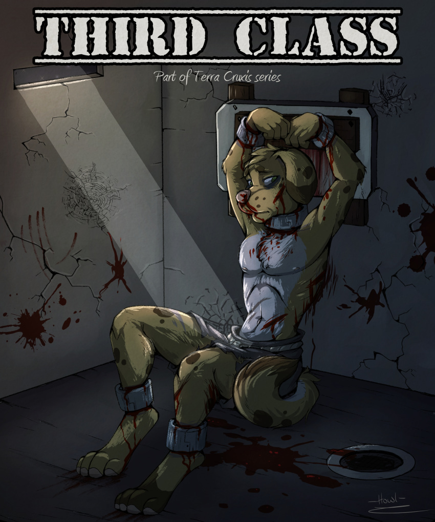 abuse blood bound broken canid canine canis comic cuffs_(disambiguation) cut_(disambiguation) domestic_dog furry gore howlart light mammal moonlight patchfoot prison sad slave stocks terra_cruxis third_class tired