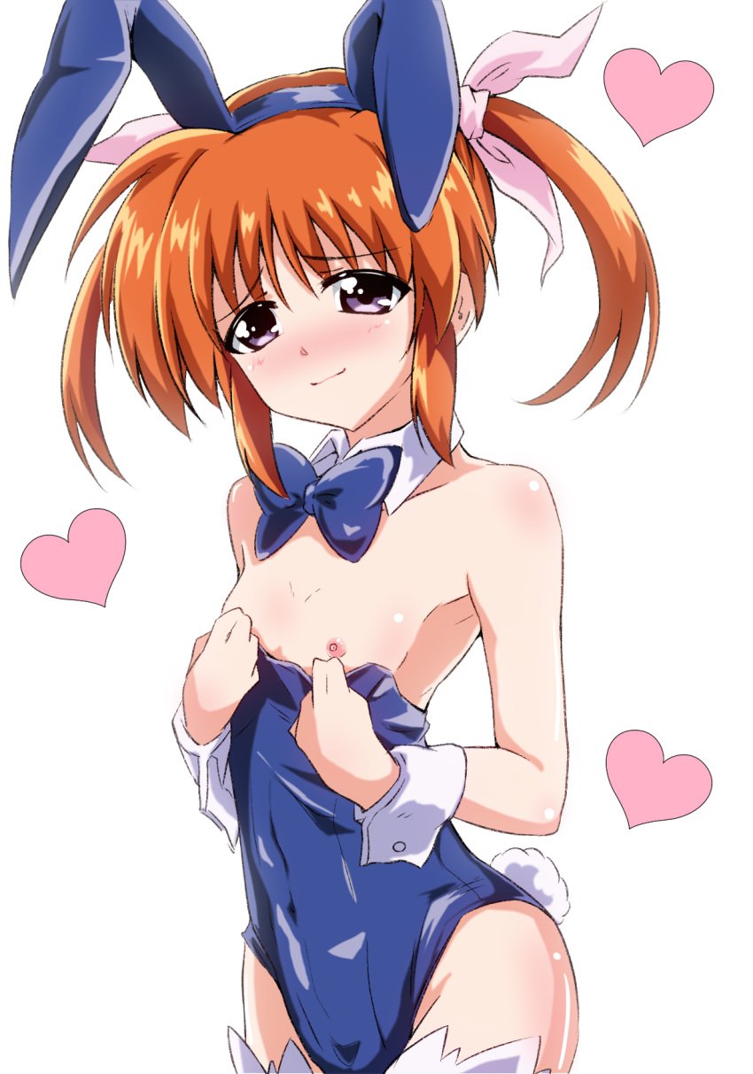 animal_ears blue_eyes blue_leotard blue_neckwear blush bow bowtie breasts brown_hair bunny_ears bunny_tail bunnysuit closed_mouth collarbone fake_animal_ears fake_tail female hair_ornament hair_ribbon heart heart_background highres leotard leotard_pull looking_at_viewer lyrical_nanoha mahou_shoujo_lyrical_nanoha mahou_shoujo_lyrical_nanoha_a's nipples ribbon shiny shiny_clothes shiny_hair shiny_skin short_hair simple_background small_breasts smile solo tail takamachi_nanoha thighhighs user_jvnc5823 white_legwear