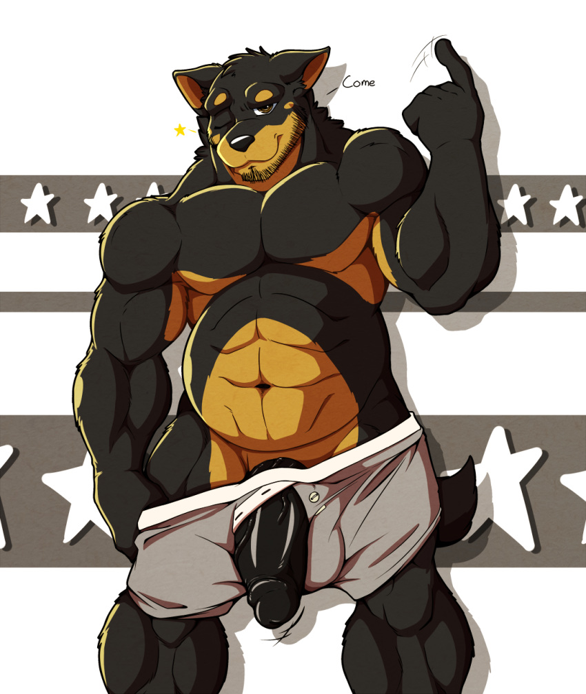 2019 5_fingers abs anthro beard beauceron biceps black_nose black_penis black_skin brown_eyes brown_skin bulge canid canine canis daddy-o doggieo domestic_dog english_text erection facial_hair furry herding_dog humanoid_penis inviting looking_at_viewer male male_only mammal multicolored_skin muscular muscular_male muscular_thighs one_eye_closed pastoral_dog pecs penis penis_shaped_bulge simple_background smile solo solo_male standing text thick_penis topless two_tone_skin underwear undressing vein wardrobe_malfunction