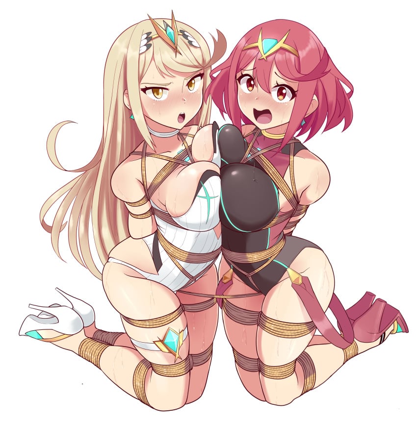 2girls absurdres angry arms_behind_back asymmetrical_docking bagelbomb bangs bare_shoulders blonde_hair blush bondage bound bound_together breasts brown_eyes competition_swimsuit crotch_rope earrings femsub full_body fully_clothed gem hair_ornament headpiece highres jewelry kneeling large_breasts long_hair multiple_girls multiple_subs mythra nervous nintendo one-piece_swimsuit open_mouth pink_hair pyra rope short_hair sweat sweatdrop swimsuit tiara tied_together very_long_hair wet white_background xenoblade_(series) xenoblade_chronicles_2 yellow_eyes