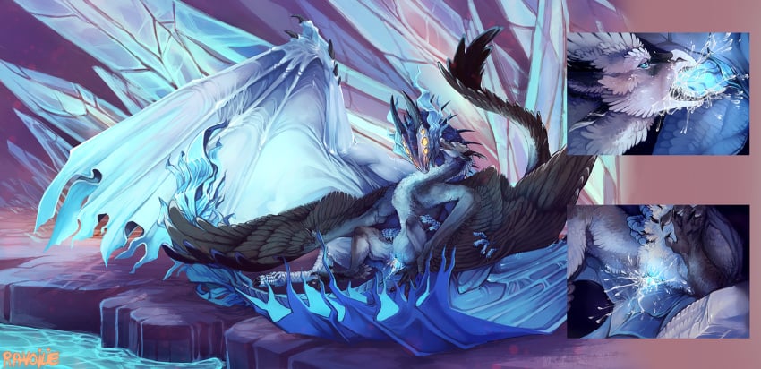 2019 black_feathers blue_penis capcom cum cum_in_pussy cum_inside digital_media_(artwork) dragon duo elder_dragon feathered_dragon feathered_wings feathers fellatio female feral fur furred_dragon glowing glowing_penis hi_res male membrane_(anatomy) membranous_wings monster_hunter oral penile penis ravoilie scalie sex straight video_games wings wyvern xeno'jiiva