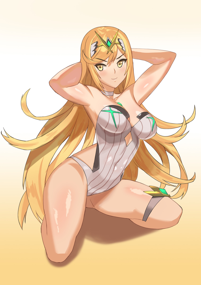 analog armpits arms_up bangs blush breasts earrings eyebrows_visible_through_hair female full_body gem gradient gradient_background hair_ornament hands_behind_head headpiece jewelry large_breasts long_hair looking_at_viewer mythra_(xenoblade) nintendo pose shadow smile solo swept_bangs swimsuit teeth tiara tongue tongue_out very_long_hair xenoblade_(series) xenoblade_chronicles_2 yellow_eyes