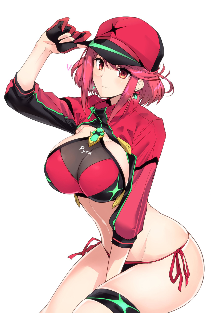 1girls absurdres adapted_costume baseball_cap between_legs breasts character_name cosplay cropped_jacket female gloves halcon hand_between_legs hand_on_headwear harukon_(halcon) hat highres large_breasts looking_at_viewer mysterious_heroine_xx_(foreigner) mysterious_heroine_xx_(foreigner)_(cosplay) nintendo panties partly_fingerless_gloves pink_bikini_bottom pink_gloves pink_hair pink_headwear pyra red_eyes see-through short_hair shrug_(clothing) side-tie_panties sidelocks simple_background smile solo swimsuit thigh_strap underwear white_background xenoblade_(series) xenoblade_chronicles_2