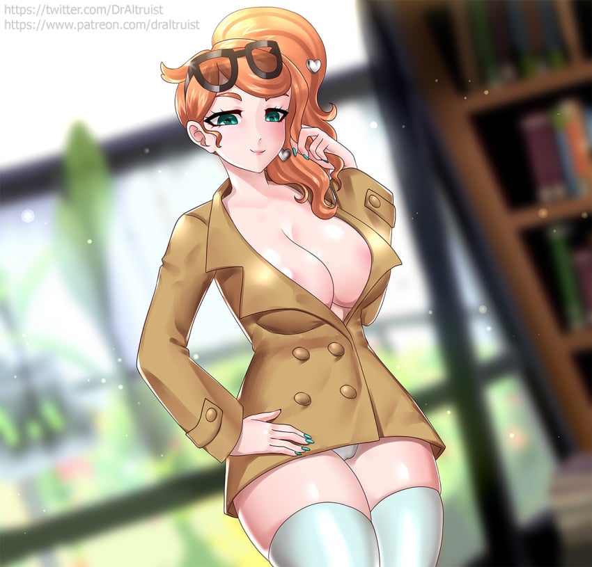 breasts cleavage coat draltruist eye_contact eyewear eyewear_on_head glasses green_eyes half-closed_eyes human human_only looking_at_viewer nintendo orange_hair painted_nails panties patreon pokemon pokemon_ss ponytail side_ponytail sonia_(pokemon) sunglasses_on_head text thick_thighs thighhighs trenchcoat watermark white_panties wide_hips