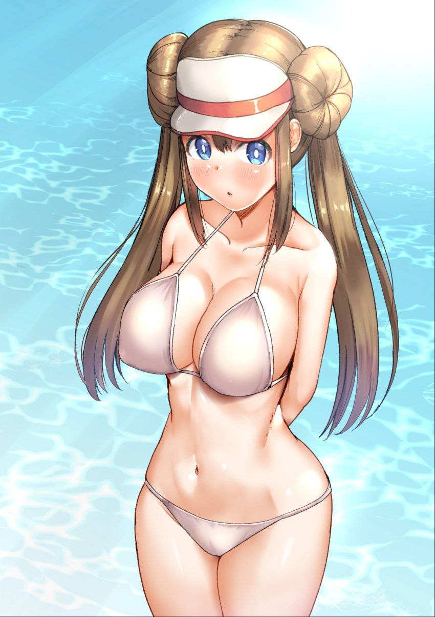 1girls beach big_breasts bikini blue_eyes blush brown_hair double_bun eye_contact female hat large_breasts long_hair looking_at_viewer nintendo noah12 pale-skinned_female pale_skin pokemon pokemon_bw pokemon_bw2 rosa_(pokemon) twintails