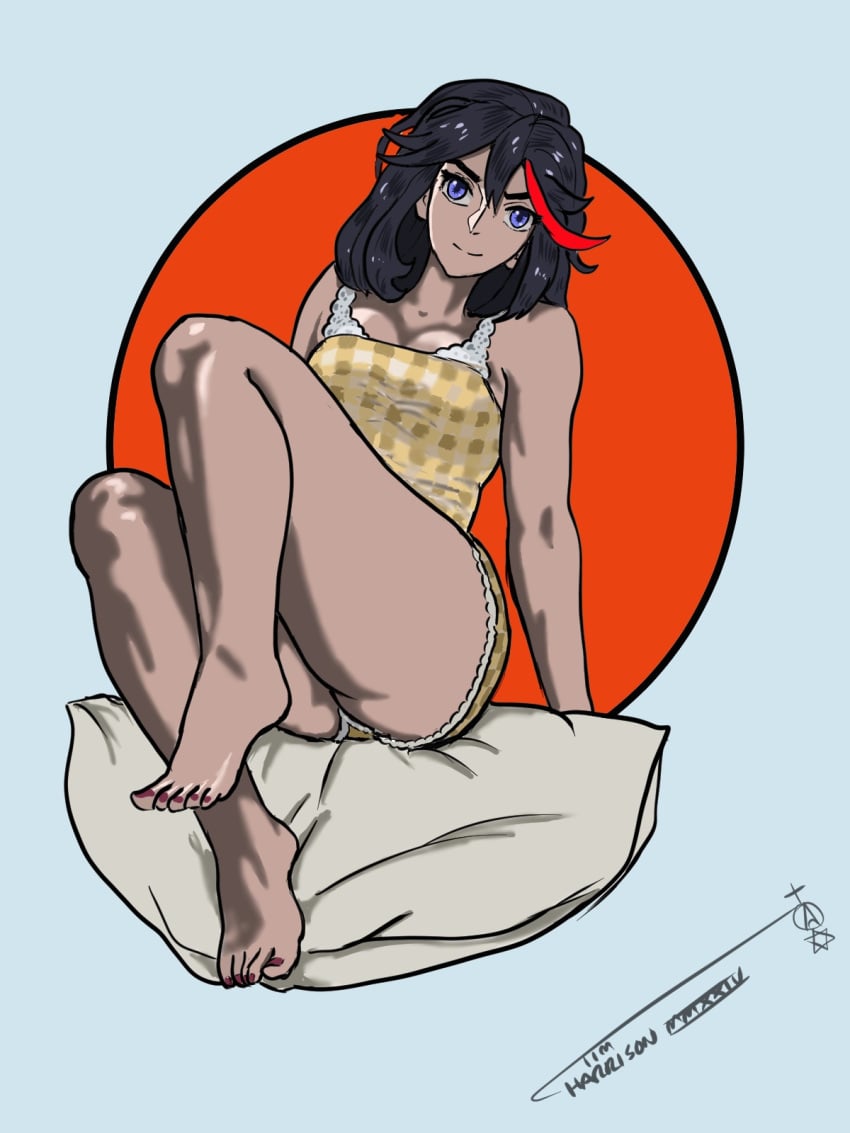 1girls artist_signature barefoot black_hair blue_eyes ironsiderodger kill_la_kill legs light-skinned_female light_skin matoi_ryuuko painted_nails painted_toenails red_nails red_strand_of_hair romper