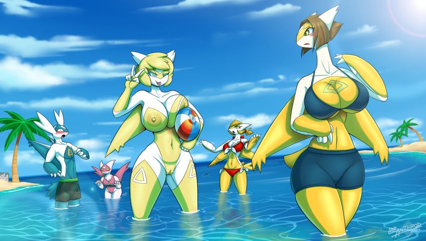 1boy 2024 4_claws 4girls 5_fingers alvita_(latiar) anthro areola artist_name avia_(zwoolashthar) ball beach beach_ball belly big_breasts bikini blonde_hair blue_body blue_legs blue_wings blush blush_lines breasts brick_wall brown_hair bulge calanthe_(dullyarts) chest_markings claws clothed clothing cloud day digital_media_(artwork) dot_pupils english_text eyebrows eyelashes female finger_claws fingers flustered fur generation_3_pokemon genitals gesture glistening green_eyes green_pupils group hair hand_gesture hi_res inflatable lar_(latiar) latiar latias latios leaning leaning_forward leg_markings legendary_pokemon light light_beam looking_at_another looking_up male markings nintendo nipples nude nyx_(icecoldsolixis) one_eye_closed open_mouth outside palm_tree partially_submerged plant pokemon pokemon_(species) pokemorph pupils pussy red_clothing red_wings reflection sand scenery sea shiny_pokemon sky standing sunbeam sunlight swimming_trunks swimwear tail text thick_thighs thigh_markings tongue tongue_out tree two-piece_swimsuit v_sign wall_(structure) water water_reflection white_arms white_body white_breasts white_fur white_neck white_pupils white_sclera wide_hips wings yellow_areola yellow_belly yellow_body yellow_breasts yellow_eyes yellow_legs yellow_nipples yellow_tail yellow_wings