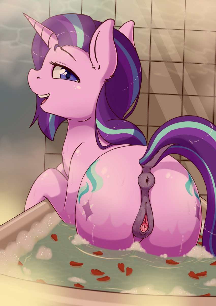 1girls animal_genitalia animal_pussy anus ass butt clitoris equid equine_pussy fearingfun female feral friendship_is_magic highres horn looking_at_viewer mammal my_little_pony partially_submerged petals presenting pussy solo starlight_glimmer unicorn water