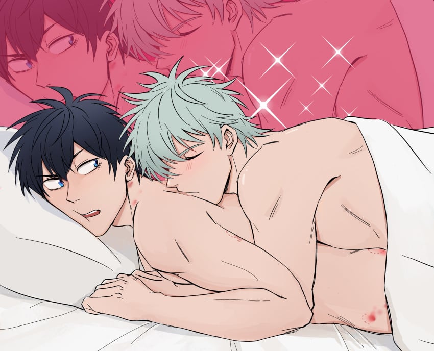 2boys bite_mark bite_marks black_hair blue_eyes blush closed_eyes completely_nude gay gintama gintoki_sakata hickey hickey_marks hijikata_toshiro implied_sex looking_back male male_only no_visible_genitalia nude on_bed on_stomach side_view uniommmm white_hair yaoi