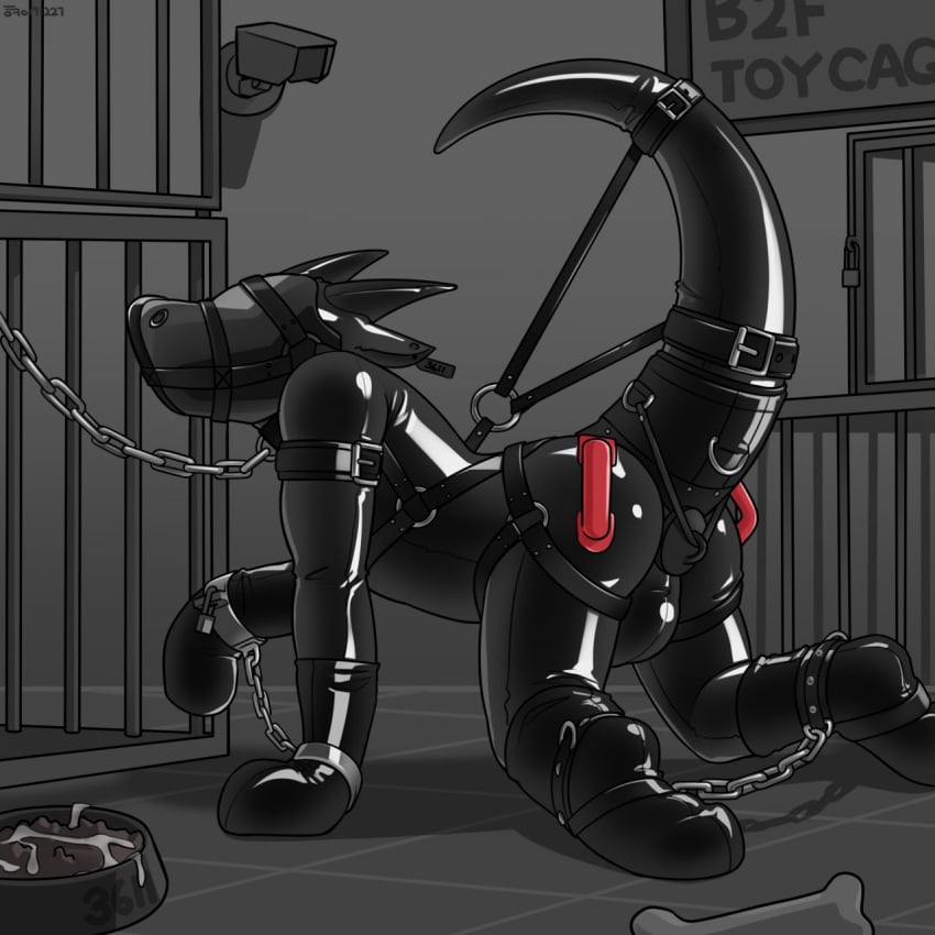 2020 anthro biped bodily_fluids bondage buttplug cage chain_leash chains collar cuff_(restraint) cum cum_on_food dog_food dragon food full_body_suit genital_fluids hacony handcuffs handles_on_butt hi_res latex_suit leash leashed_collar leg_cuffs male metal_cuffs mythological_creature mythological_scalie mythology pet_food plug_(sex_toy) raised_tail restraints scalie security security_camera sex_toy slave slim_anthro slim_male slim_sub solo submissive submissive_anthro submissive_male tail